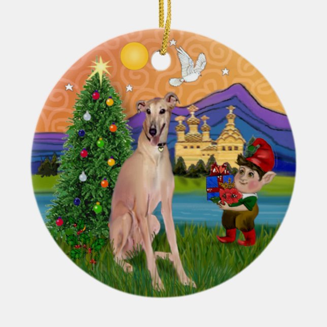 Xmas Fantasy - Fawn Greyhound (sitting) Ceramic Ornament (Front)