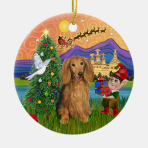 Xmas Fantasy -  Long Haired Sable Dachshund Ceramic Ornament