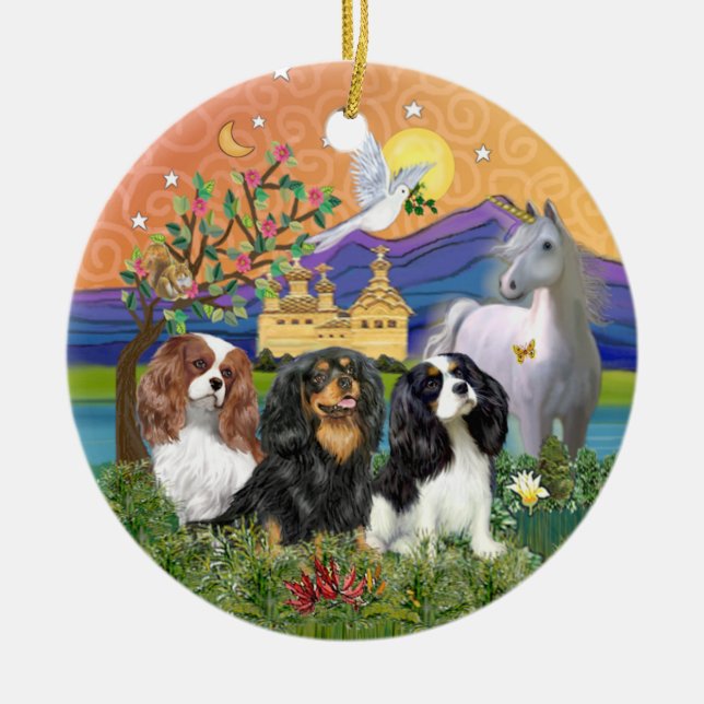 Xmas Fantasy-Three Cavalier King Charles Spaniel Ceramic Ornament (Front)