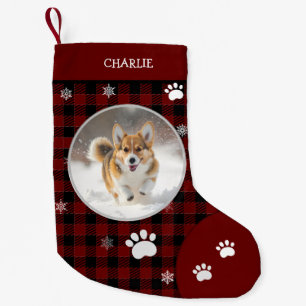 Xmas Funny cute dog Small red black plaid photo Christmas Stocking