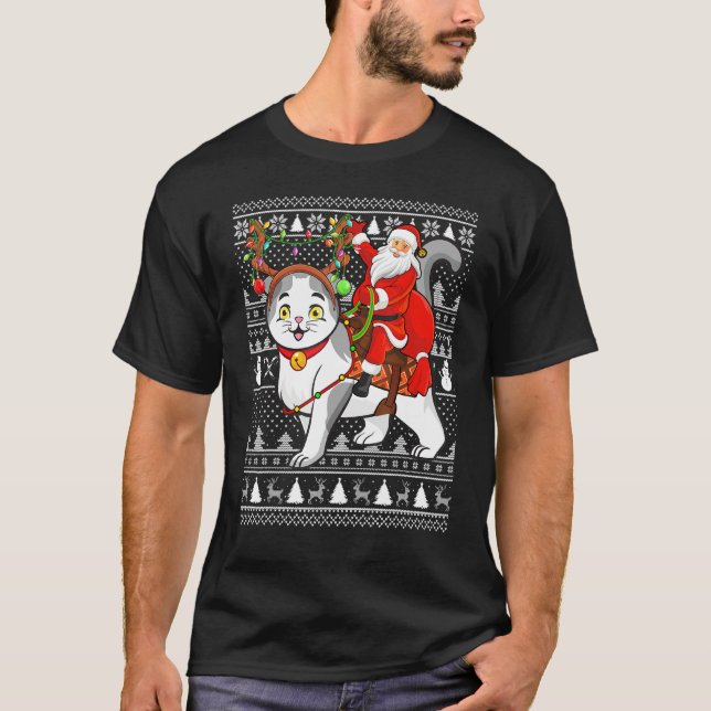 Xmas Funny Santa Riding Scottish Fold Cat Ugly Chr T-Shirt (Front)