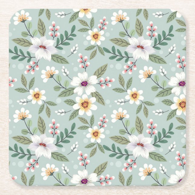 Xmas Gift Colourful Hand Drawn Flowers Square Paper Coaster (Front)