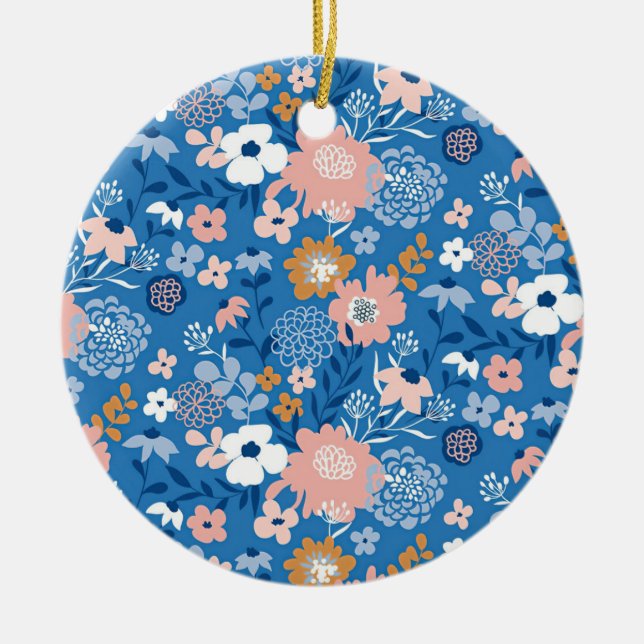 Xmas Gift Fabric Design With Simple Flowers Ceramic Ornament (Front)