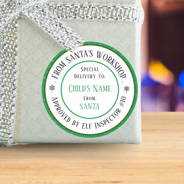 Xmas Gift Santa's Workshop Personalized Name Green Classic Round Sticker (Creator Uploaded)