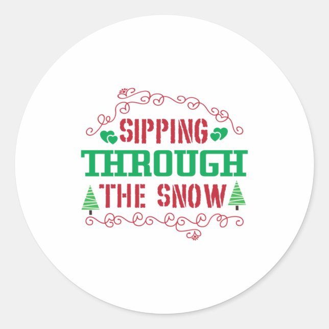 Xmas Gift Sipping Through The Snow Classic Round Sticker (Front)