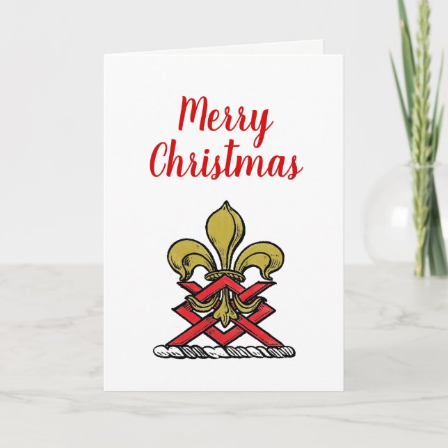 Xmas Gold Red Heraldic Crest Fleur de Lis Emblem Holiday Card (Front)