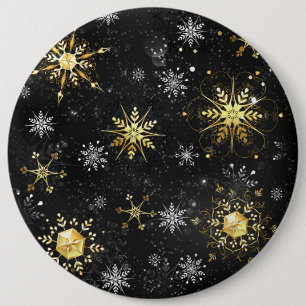 Xmas Golden Snowflakes on Black Background 6 Inch Round Button