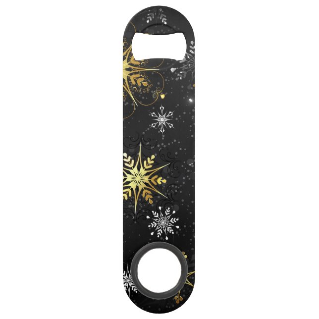 Xmas Golden Snowflakes on Black Background Bar Key (Front)