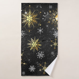 Xmas Golden Snowflakes on Black Background Bath Towel