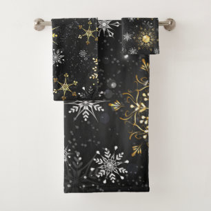 Xmas Golden Snowflakes on Black Background Bath Towel Set