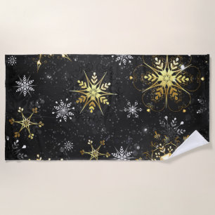Xmas Golden Snowflakes on Black Background Beach Towel