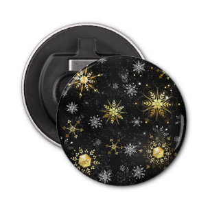 Xmas Golden Snowflakes on Black Background Bottle Opener