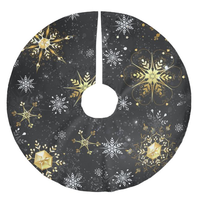 Xmas Golden Snowflakes on Black Background Brushed Polyester Tree Skirt (Front)