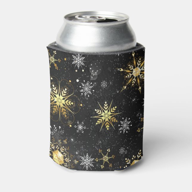 Xmas Golden Snowflakes on Black Background Can Cooler (Can Back)