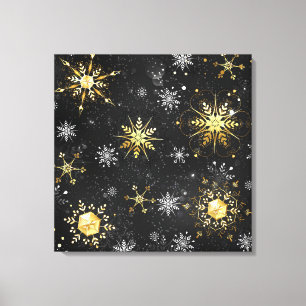 Xmas Golden Snowflakes on Black Background Canvas Print