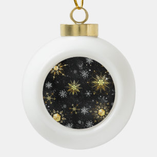 Xmas Golden Snowflakes on Black Background Ceramic Ball Christmas Ornament