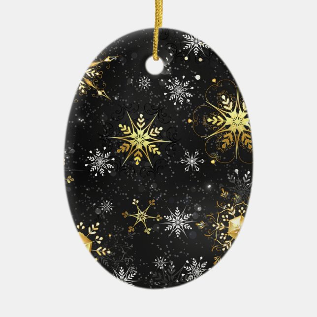 Xmas Golden Snowflakes on Black Background Ceramic Ornament (Front)