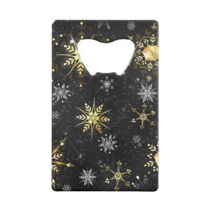 Xmas Golden Snowflakes on Black Background Credit Card Bottle Opener
