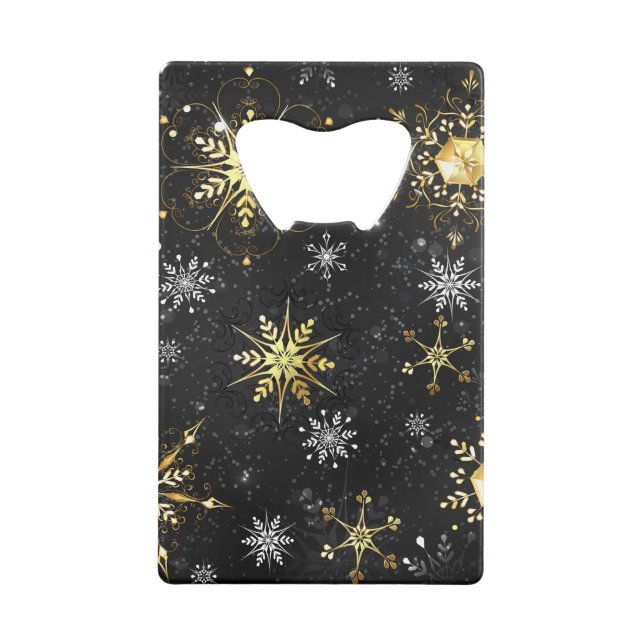 Xmas Golden Snowflakes on Black Background Credit Card Bottle Opener (Front)