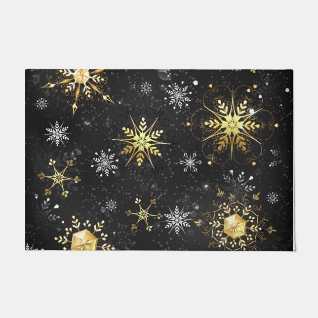 Xmas Golden Snowflakes on Black Background Doormat (Front)