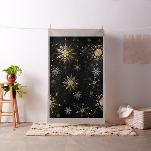 Xmas Golden Snowflakes on Black Background Fabric
