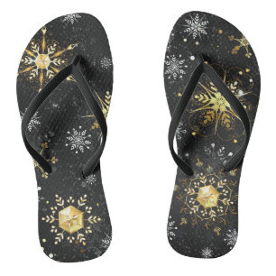 Xmas Golden Snowflakes on Black Background Flip Flops