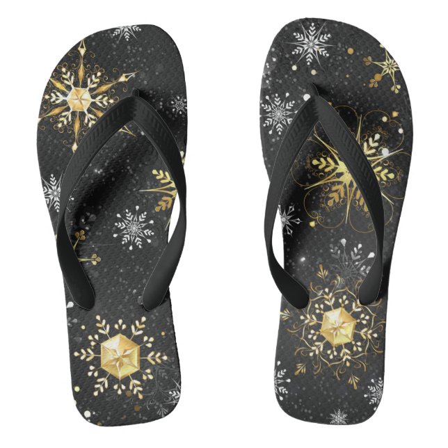 Xmas Golden Snowflakes on Black Background Flip Flops (Footbed)