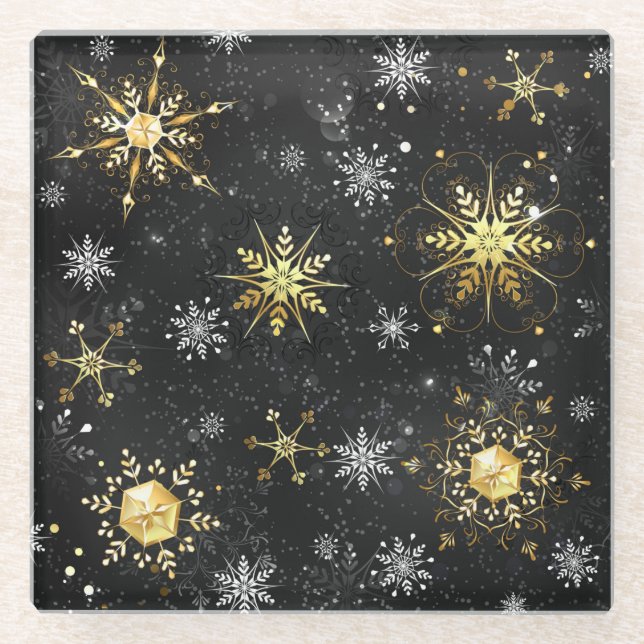 Xmas Golden Snowflakes on Black Background Glass Coaster (Front)