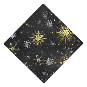 Xmas Golden Snowflakes on Black Background Graduation Cap Topper