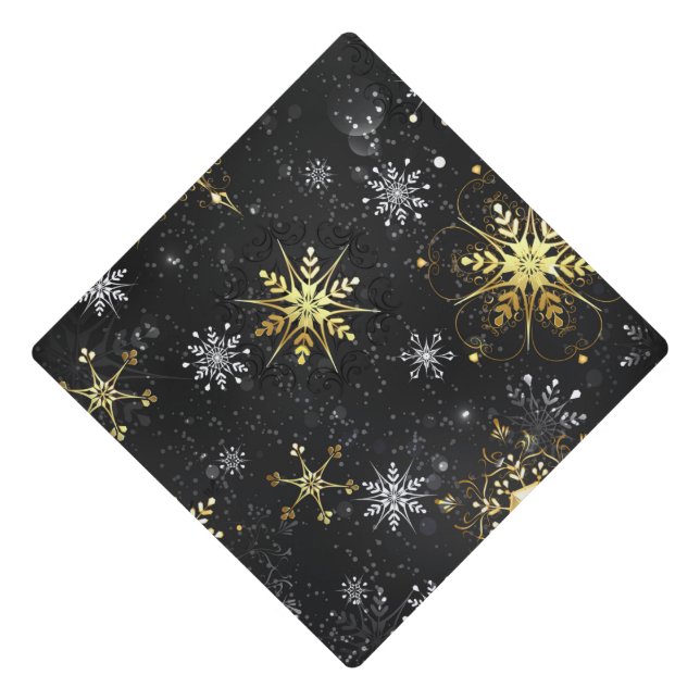 Xmas Golden Snowflakes on Black Background Graduation Cap Topper (Front)