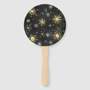 Xmas Golden Snowflakes on Black Background Hand Fan