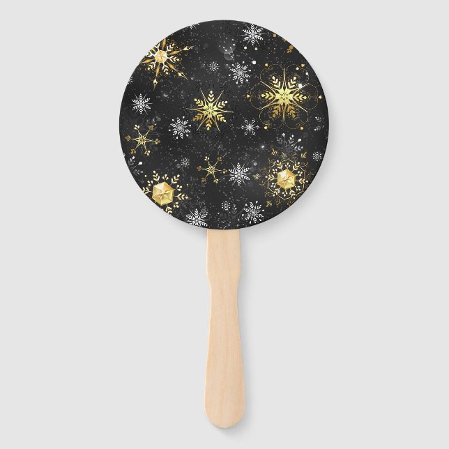 Xmas Golden Snowflakes on Black Background Hand Fan (Front)