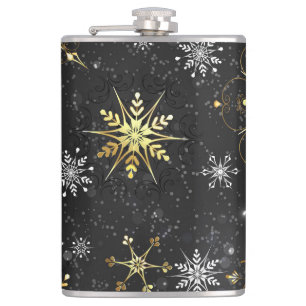 Xmas Golden Snowflakes on Black Background Hip Flask