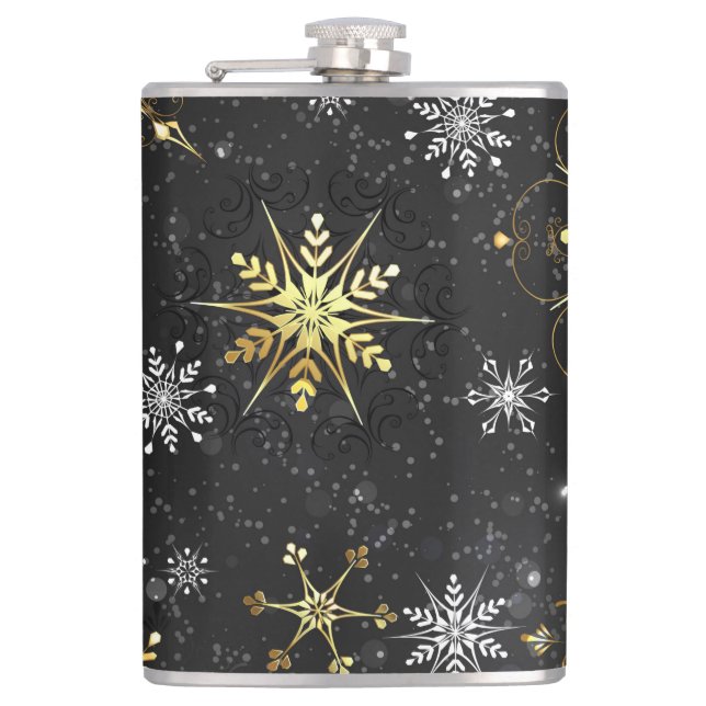 Xmas Golden Snowflakes on Black Background Hip Flask (Front)