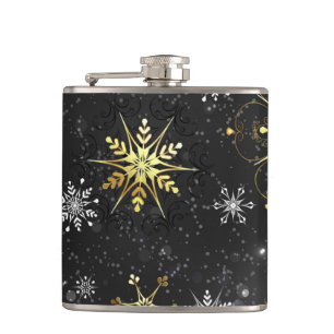 Xmas Golden Snowflakes on Black Background Hip Flask