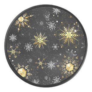Xmas Golden Snowflakes on Black Background Hockey Puck