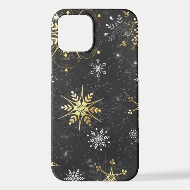 Xmas Golden Snowflakes on Black Background iPhone Case (Back)