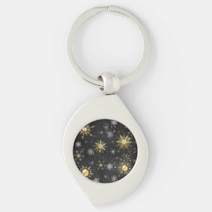 Xmas Golden Snowflakes on Black Background Keychain