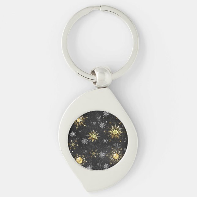 Xmas Golden Snowflakes on Black Background Keychain (Front)