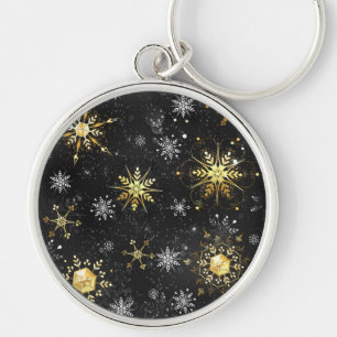 Xmas Golden Snowflakes on Black Background Keychain