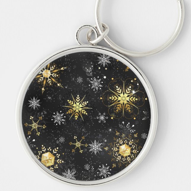 Xmas Golden Snowflakes on Black Background Keychain (Front)