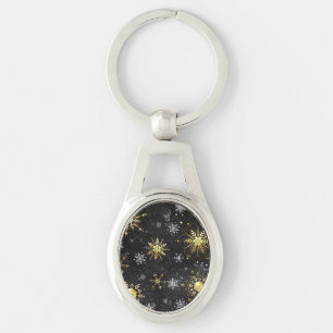 Xmas Golden Snowflakes on Black Background Keychain