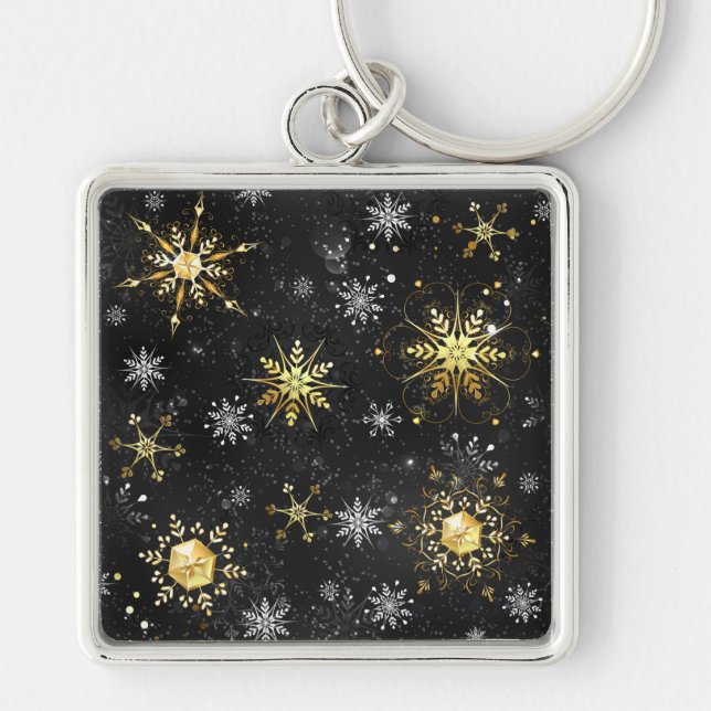 Xmas Golden Snowflakes on Black Background Keychain (Front)
