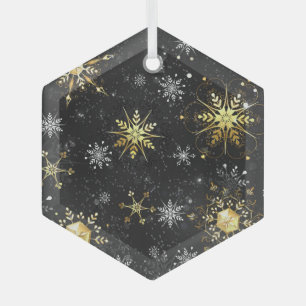 Xmas Golden Snowflakes on Black Background Label Glass Ornament