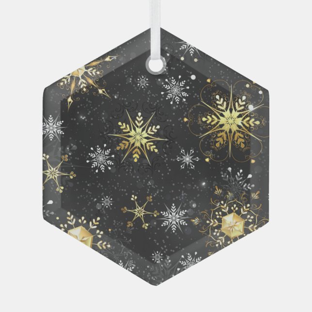 Xmas Golden Snowflakes on Black Background Label Glass Ornament (Front)
