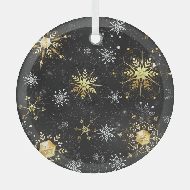 Xmas Golden Snowflakes on Black Background Label Glass Ornament (Front)
