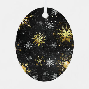 Xmas Golden Snowflakes on Black Background Label Metal Ornament