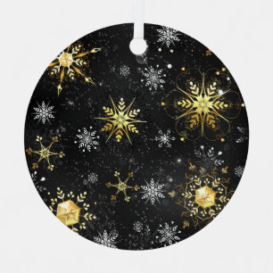 Xmas Golden Snowflakes on Black Background Label Metal Ornament