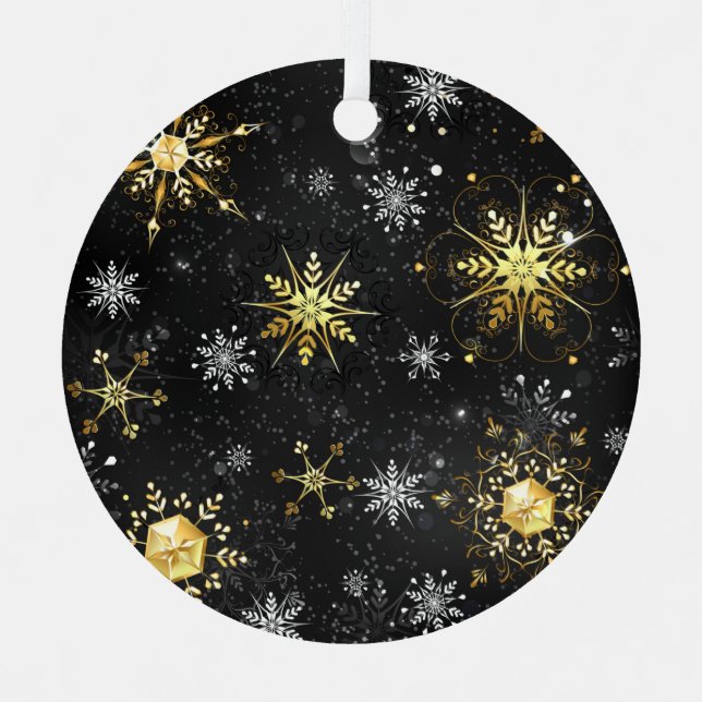 Xmas Golden Snowflakes on Black Background Label Metal Ornament (Front)