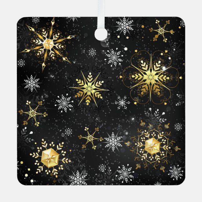 Xmas Golden Snowflakes on Black Background Label Metal Ornament (Front)